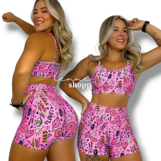 Conjunto Academia Fitness Short e Top Cintura Alta Estampas Variadas Moda Fitness