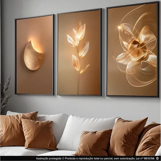 Quadro Decorativo 3 Peças Abstrato Dourado – Arte Moderna Elegante para Quarto e Sala