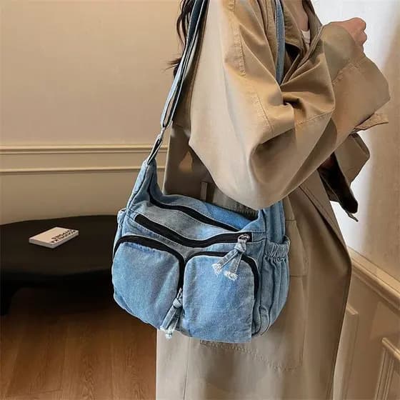 Bolsa Crossbody jeans Casual para meninas com armazenamento multicamadas