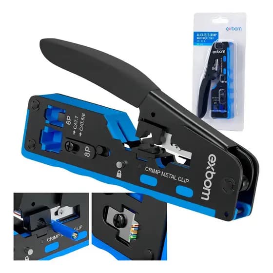 Alicate Multifuncional Crimpagem Vazado Rj45/rj11/12 Cat7 Ez Profissional Preto/Azul Exbom FRM-ACN702