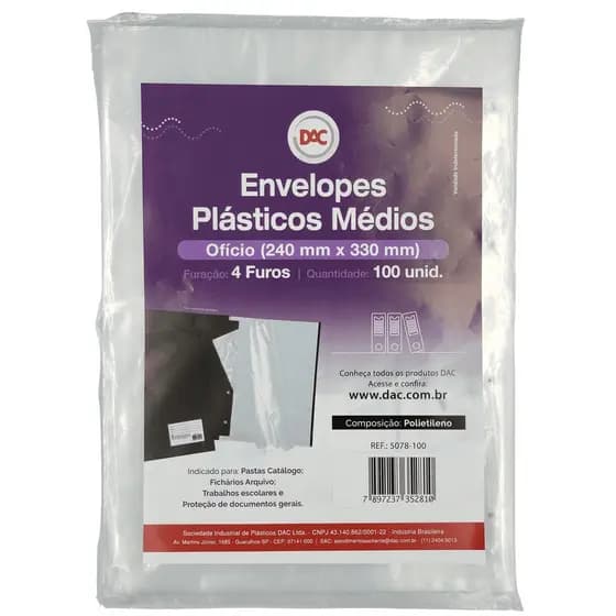 Envelope Saco Plástico Oficio Espessura Média Para Pasta 4 Furos 0.10 Pacote Com 100 Unidades