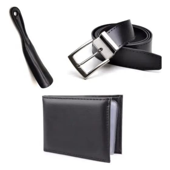 Kit Cinto Masculino Dupla Face Fivela Com Carteira Slim e Calçadeira Para Sapatos em Geral