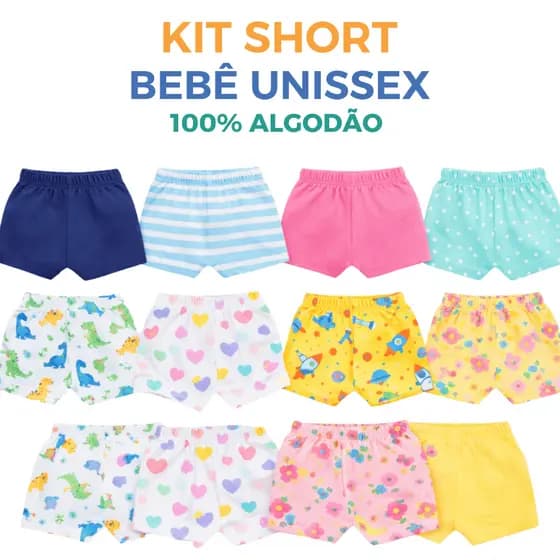 Kit Short Bebê Menino Menina Algodão Estampado | Kit Shortinho Bebê Tapa Fralda