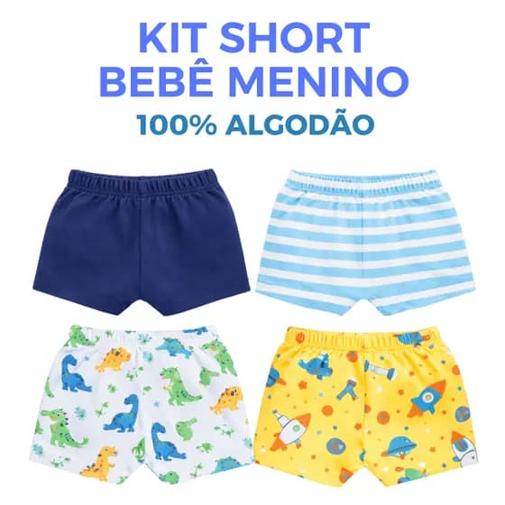 Kit Short Bebê Menino Algodão Estampado | Kit Shortinho Infantil Tapa Fralda Bebê