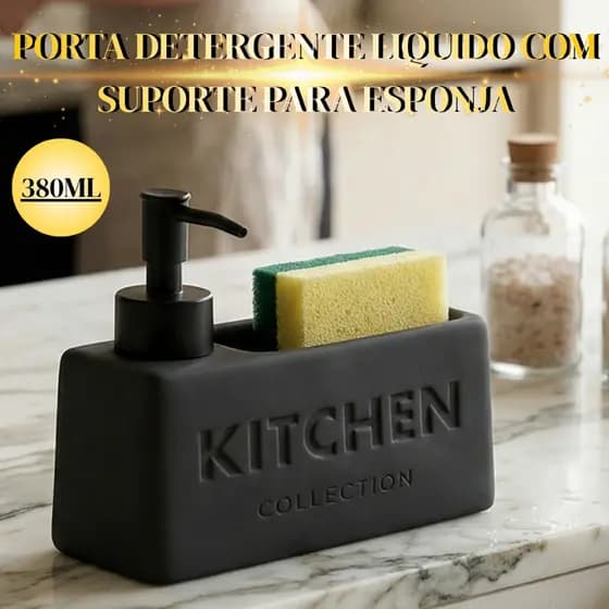 Porta Detergente Liquido Com Suporte Para Esponja De Cozinha Soft Touch Cinza 380ml Cerâmica - Wolff