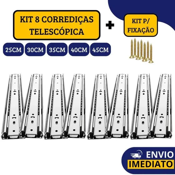 Kit 8 Corrediças Gaveta Trilho Telescópica Light COM Parafusos | 25cm - 30cm - 35cm - 40cm - 45cm Melhor Preço