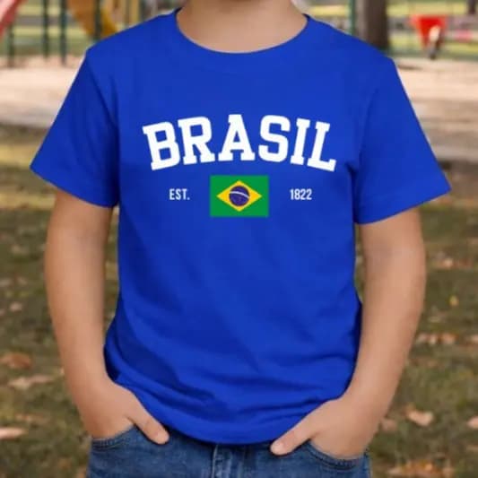 Camiseta Infantil Estampa Brasil Copa Camisa Gola Redonda 100% Algodão