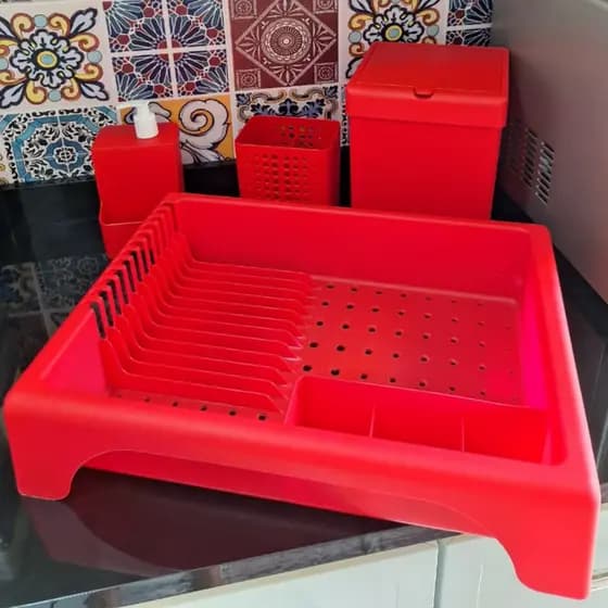 Kit Escorredor de Pratos Vermelho 4 ou 3pçs Escorredor Para Louças Lixeira Dispenser Porta Talheres