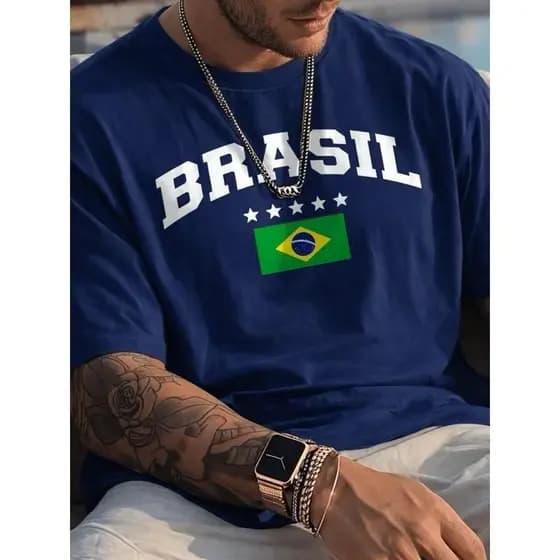Camisa Camiseta Masculina Estampada Brasil 100% Algodão Copa do Mundo Brazil Moda Homem Camiseta Time Lançamento