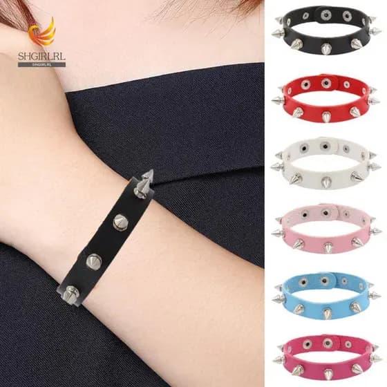 SHGIRLRL Pulseira Cravejada Preta, Estilo Gótico Punk Rock em Couro PU, Ajustável