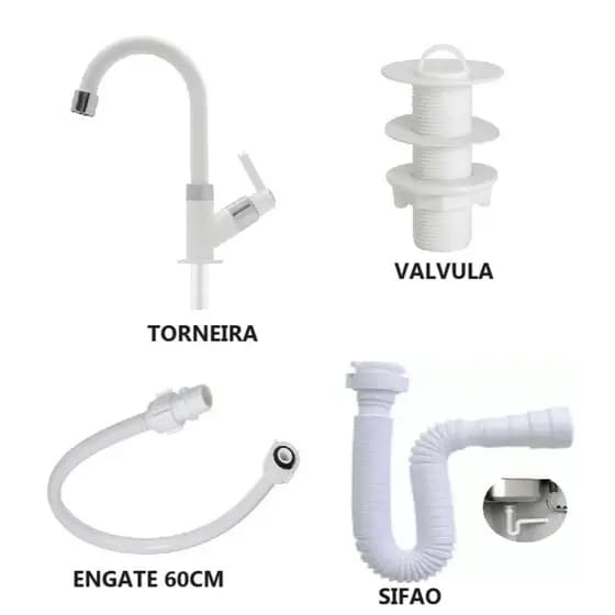 Kit Torneira de Banheiro Lavatório Luxo Abs + Valvula abs branca + Engate PVC 60 cm + Sifão Branco
