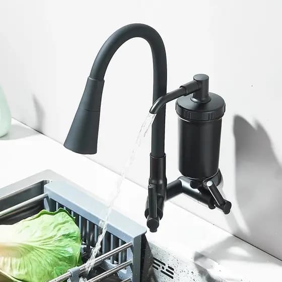 Torneira com Filtro Parede Cozinha Gourmet Flexível 1/4 Volta Preta Luxo
