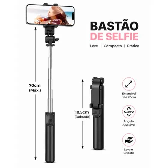 Bastão Pau de selfie Tripé Retrátil Com Luz LED Controle Bluetooth Celular