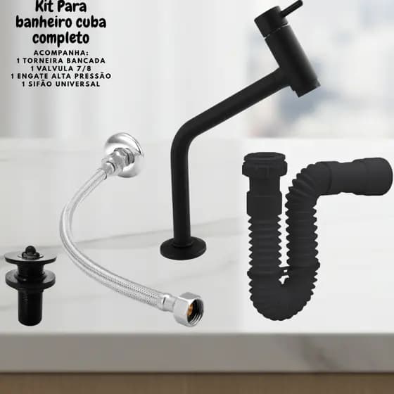 Kit para Lavatório/Banheiro Torneira + Válvula + Sifão + Engate - Black/Preto