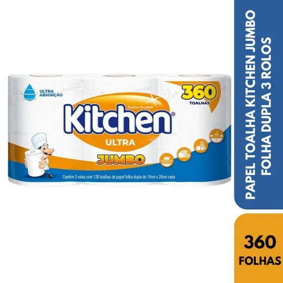 Papel Toalha Kitchen Jumbo Folha Dupla Kit 3 Rolo 360 Folhas