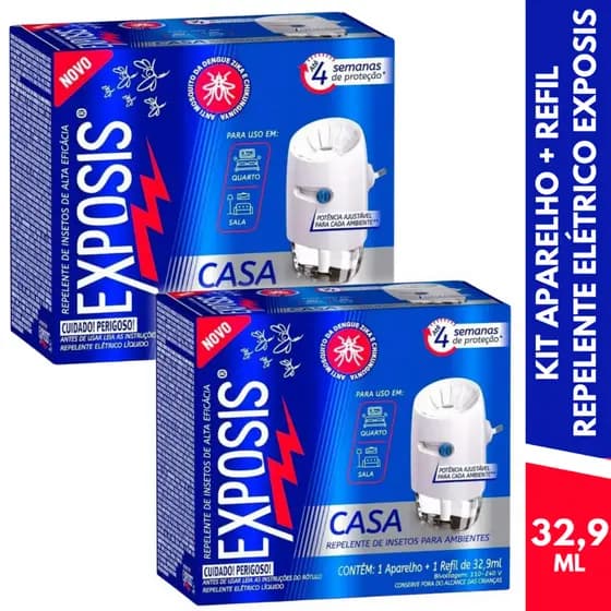 KIT 2 Exposis Repelente Elétrico Líquido Tomada Kit C/2 Aparelho + Refil 32,9ml Bivolt Mata Mosca Mosquito Pernilongo