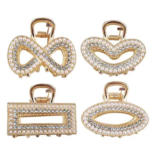 Kit 4 Piranhas De Cabelo Luxo Prendedor Com Pérolas E Strass Dourado