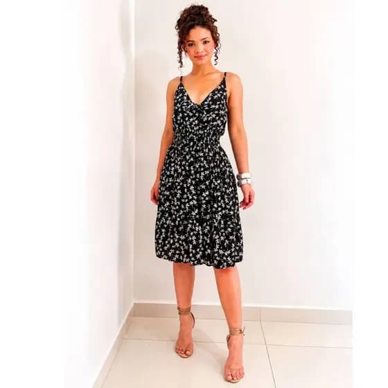 Vestido Curto Alice Alça Fina com Bojo detalhe em Amarração Verão- Preto Floral