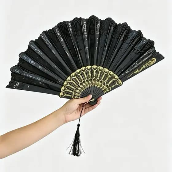 Leque Pomba Gira Cigana Preto Paetê 22cm Umbanda E Candomblé Luxo com Detalhes Dourados e Tassel