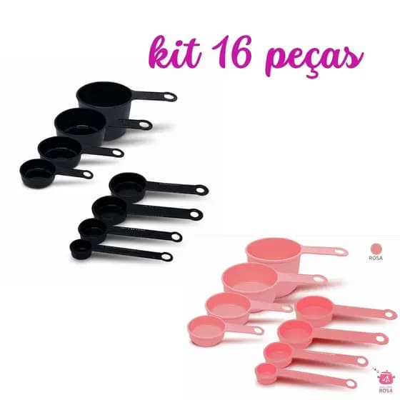 conjunto de medidas e Medidores xicaras e colheres rosa e preto - 16 peças