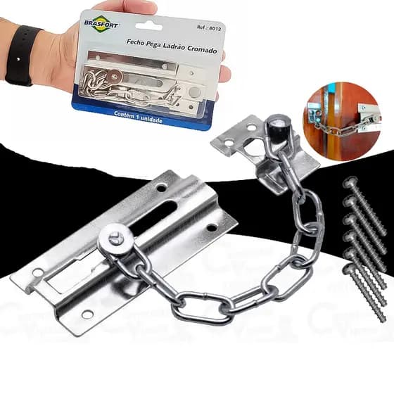 Fecho de Porta Pega Ladrão Cromado com Corrente Em Aço Carbono Para Mais Segurança