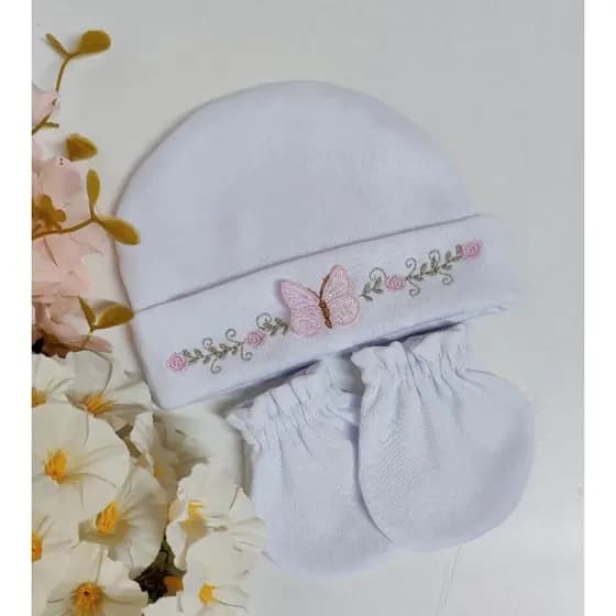 Touca e luva de bebe recém nascido RN maternidade personalizada com borboleta 3D