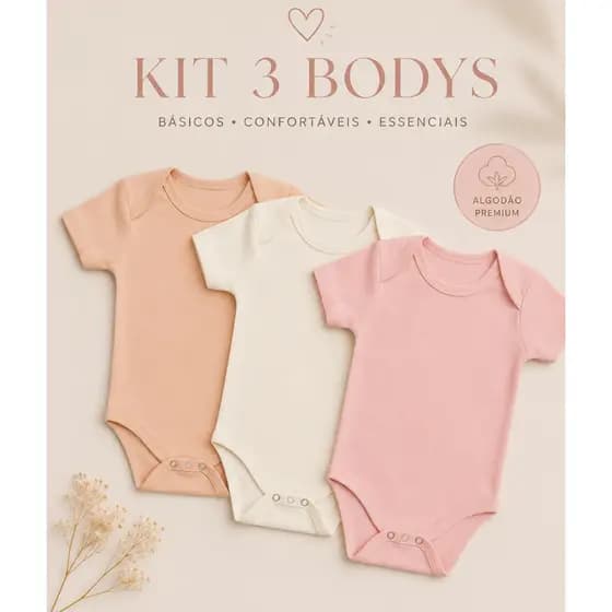 kit 03 bodys de bebe manga curta cores lisos de algodao sortido