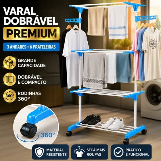 Varal Chão Dobrável 3 Andares Grande Rodas Cabideiro Vertical Portátil Roupas Cabideiro Retrátil