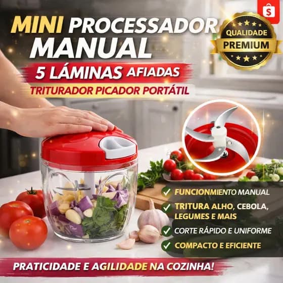 Mini Processador Manual 5 Lâminas Triturador Picador de Alimentos Legumes Alho Portátil