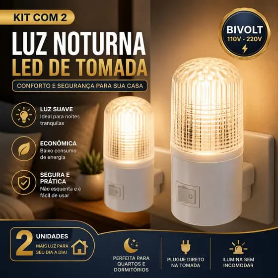 Kit 2 Luminárias Bivolt Luz Noturna LED Tomada Abajur Mini Luminária Suave Quarto Sala Criança