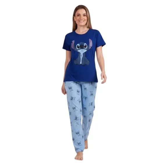 Pijama Feminino Meia Estação Manga Curta e Calça Longa Estampada Confortável Promoção