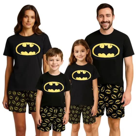 Kit Combinado Pijama Família Batman Manga Curta Short Malha PV Adulto e Infantil Tal Mãe Tal Pai e Tal filho Oferta