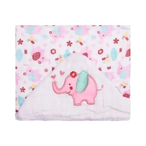 Toalha Banho Bebê 3 Camadas Soft Capuz Algodão Elefante Rosa Macia Absorvente Menina