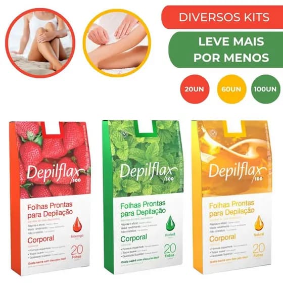 Folhas Pronta Depilação Corporal Depilflax Natural Morango ou Hortelã Diversos Kits