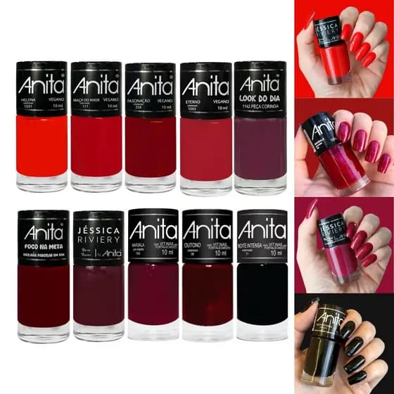 Kit 10 Esmaltes Anita Tons Vermelhos Cremosos Kit Manicure Esmalte Atacado