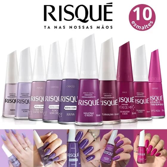 Kit 10 Esmaltes Risqué Diversos Tons Rosa e Roxo Atacado
