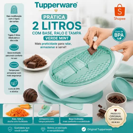 Prática 2 litros com base translúcida, ralo e tampa Verde Mint Tupperware