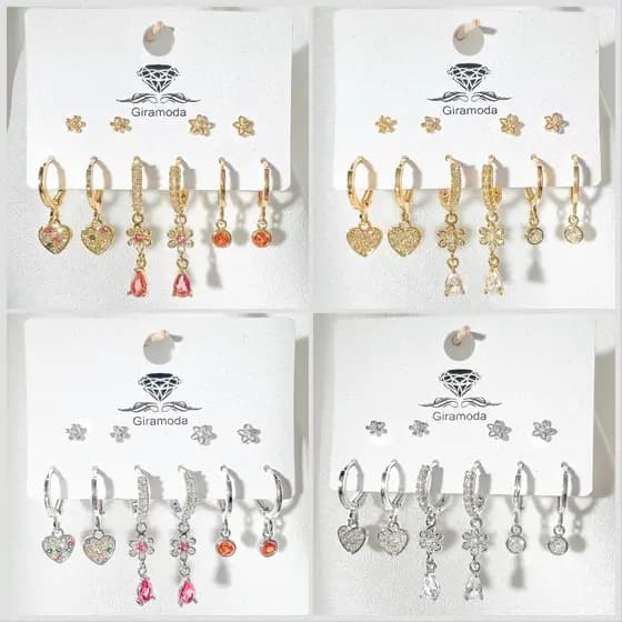 Conjunto de Brincos de Luxo Banhados a Ouro e prata Femininos, Semi Joia com Zircônia e Cristais