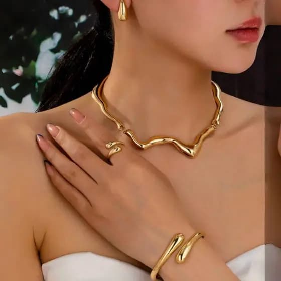 4 Peças Conjunto Brincos de Lágrima de Liga Anéis Pulseiras Colar com Pingente em Onda Adequado para Uso Diário Mulhere