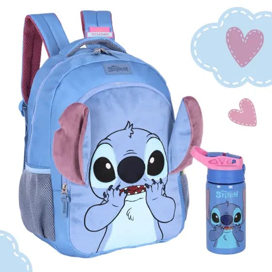 Mochila Bolsa Escolar Mala Costas Garrafa Squeeze Água Stitch Angel Original Infantil