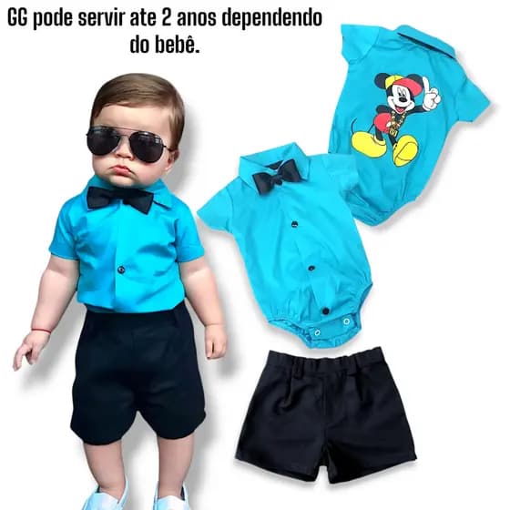 Body Bebê Menino Estiloso Com Gravata Borboleta Preta e Bermuda Jeans Brim Roupa Infantil Personagem