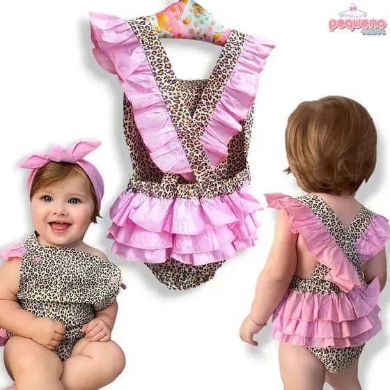 Romper Bebê Menina Oncinha Body Calcinha Bunda Rica e Faixa de Cabelo Jardineira Mêsversario