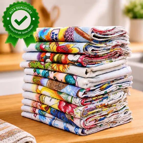 Kit 10 ou 5 Pano De Prato Estampado 100% Algodão com Bainha Alta Absorção Cozinha