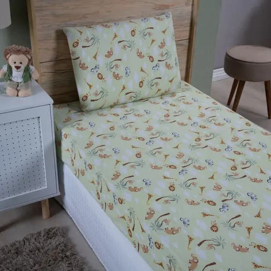 Jogo de Lençol Solteiro 2 Peças 100% Algodão Infantil Estampado Safari