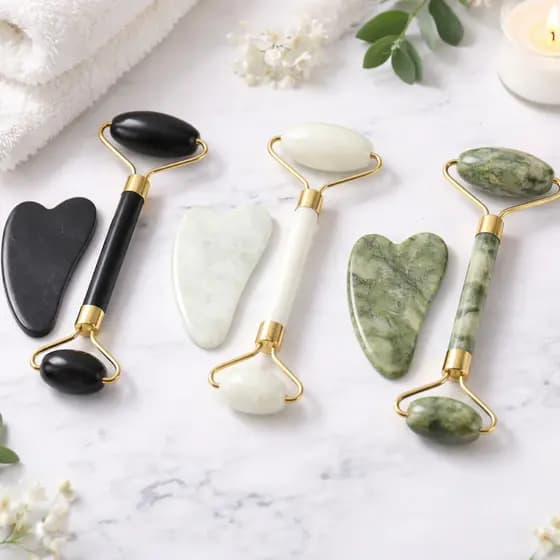 Kit Massageador Facial Roller Pedra Jade + Pedra Gua Sha Skincare Rosto Previne Rugas