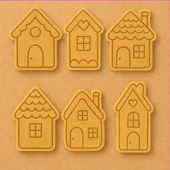 kit 6 cortador com marcador de biscoitos tema casinha para biscoitos, pasta americana e modelagem infantil