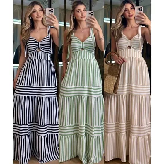 Vestido Longo Listrado Feminino Moda Casual 2026 Tendência