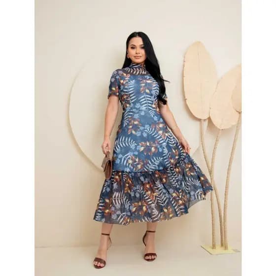 Vestido Elegance, Look Midi Femenino, Estampado, com Babado, Manga Curta, Malha de Tulin, Sofisticado, Look Casual.