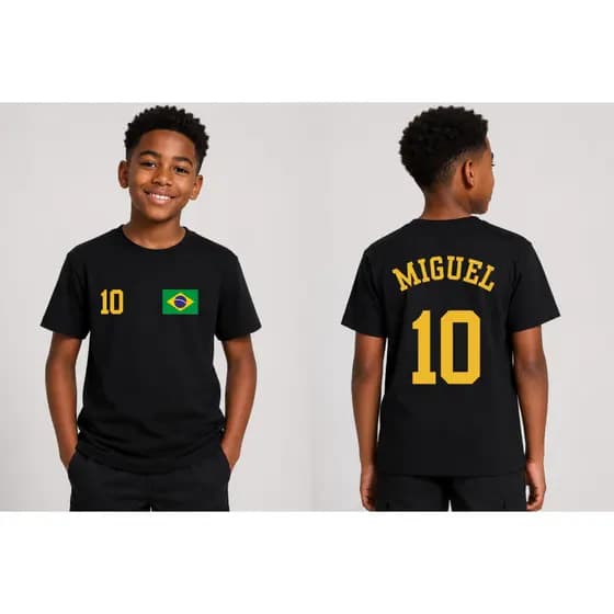 CAMISA INFANTIL BRASIL PRETA PARA COPA DO MUNDO 2026 JUVENIL 2 AO 16 EM ALGODÃO COM PERSONALIZAÇÃO NOME NAS COSTAS