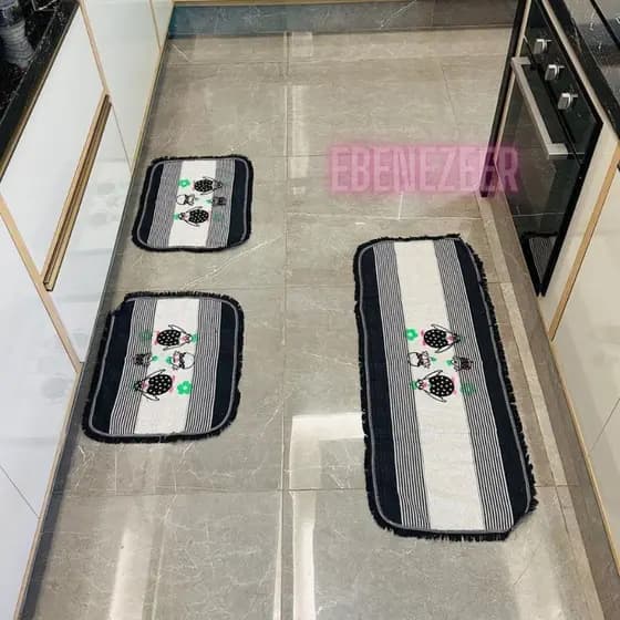 Jogo Tapete Kit Passadeira Franja Grande Conjunto De Cozinha Com 3 Peças Tear Barato Atacado